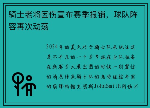 骑士老将因伤宣布赛季报销，球队阵容再次动荡